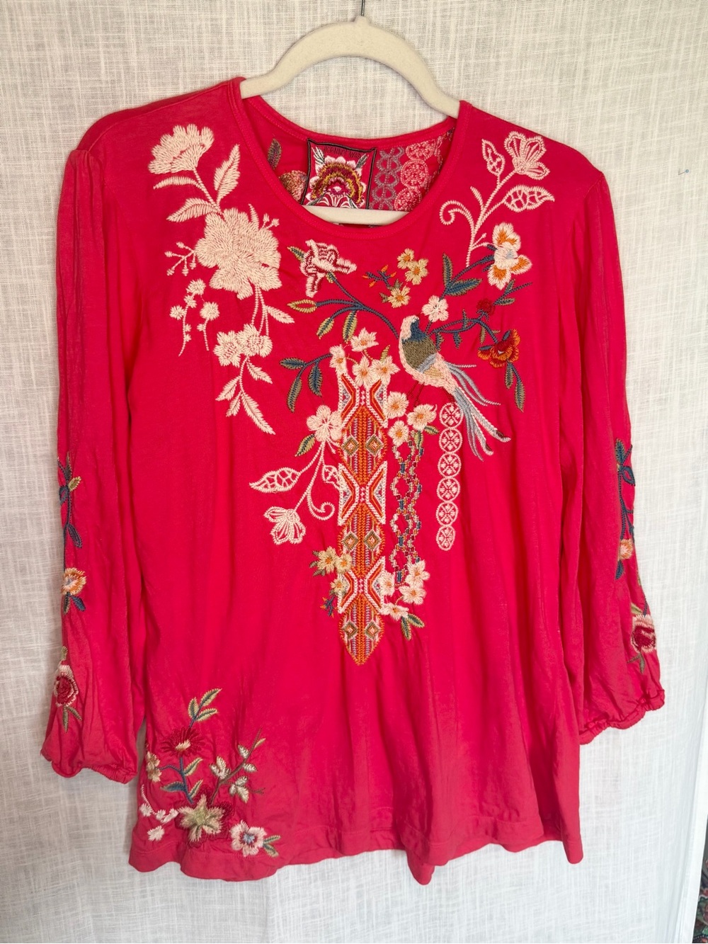 Johnny Was Ellia Fuchsia Embroidered Bird Floral Tunic Boho Cottagecore M - Picture 2 of 15